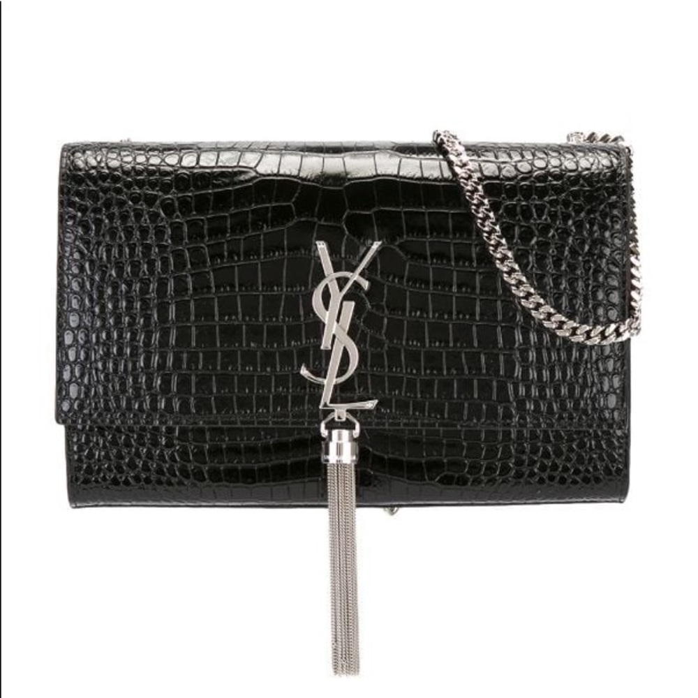 KATE MEDIUM CHAIN BAG WITH TASSEL IN CROCODILE-EMBOSSED SHINY LEATHER